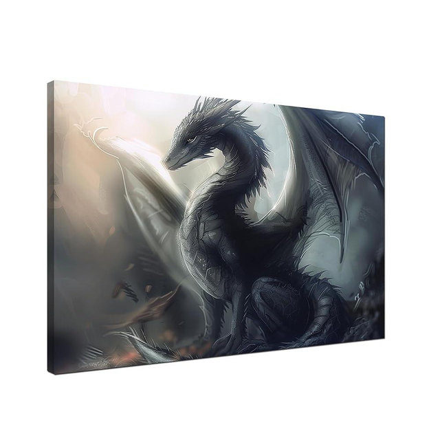 Winged Dragon Canvas Wall Art Fantasy Dragon Canvas Print Painting Black Dragon Wall Decor Painting Wall Decor Poster Frame for Men Boys Room Living Room Decoration Ready to Hang(36''Wx24''H)