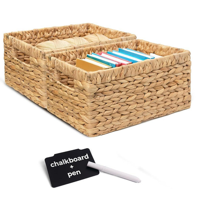 KOKODO Pack of 2 Medium Rectangular Water Hyacinth Wicker Storage Baskets with Handles and Metal Frame, Stylish and Durable Handwoven Bin for Space-saving Room Organizing or Decorative Wicker Basket