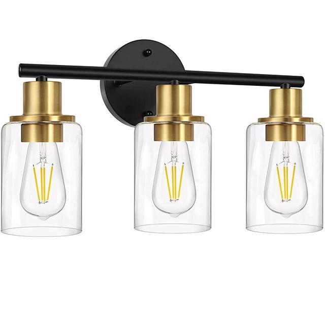 3-Light Bathroom Light Fixtures, Black and Gold Bathroom Wall Lights, Modern Bathroom Vanity Light with Clear Glass Shade, Bathroom Wall Lamp for Mirror Kitchen Bedroom Living Room Hallway Cabinet