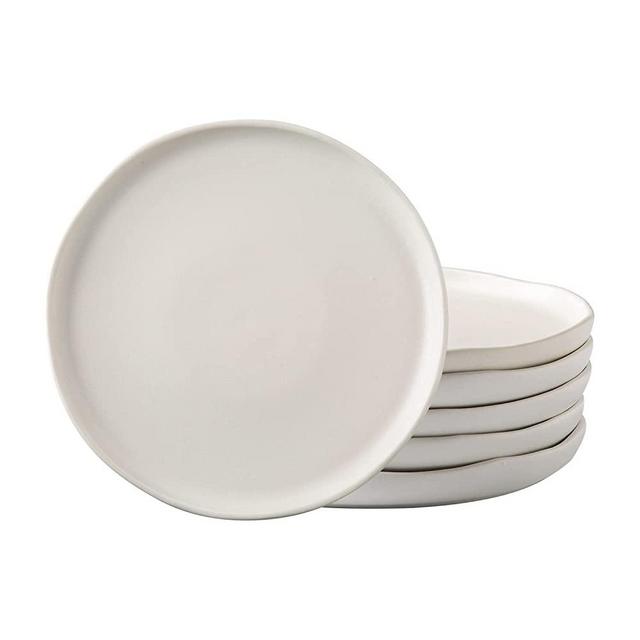 AmorArc Ceramic Dinner Salad Plates Set of 6, Wavy Rim 8.5 Inch Dish Set, The Dessert,Salad, Appetizer, Small Dinner etc Plate,Microwave, Dishwasher Safe, Scratch Resistant - Reactive Matte White