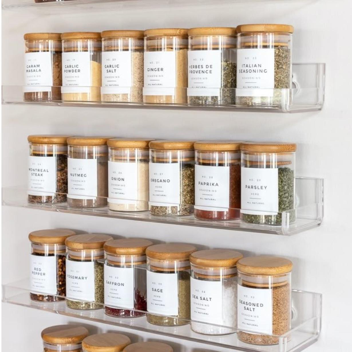 Yangbaga 24Pcs Glass Spice Jars with Labels-4OZ Wood Lid Square Spice Containers with Pepper Grinder Lids &Funnel,Seasoning Jars for Rack Cabinet Drawer