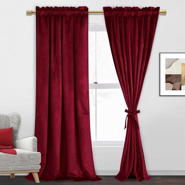 JIUZHEN Red Velvet Curtains for Party - Thermal Insualted Room Darkening Rod Pocket Window Drapes for Living Room/Wedding, Set of 2 Panels with Tiebacks, 52 x 96 inches, Wine Red