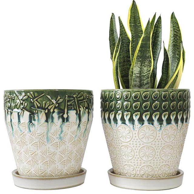 YFFSRJDJ 6 Inch Ceramic Planter Pots with Drainage Holes, Saucers and Mesh Pads for Indoor-Outdoor Plants, Succulent Orchid Flower Large Round Plant Pot, Set of 2 (Green+White)