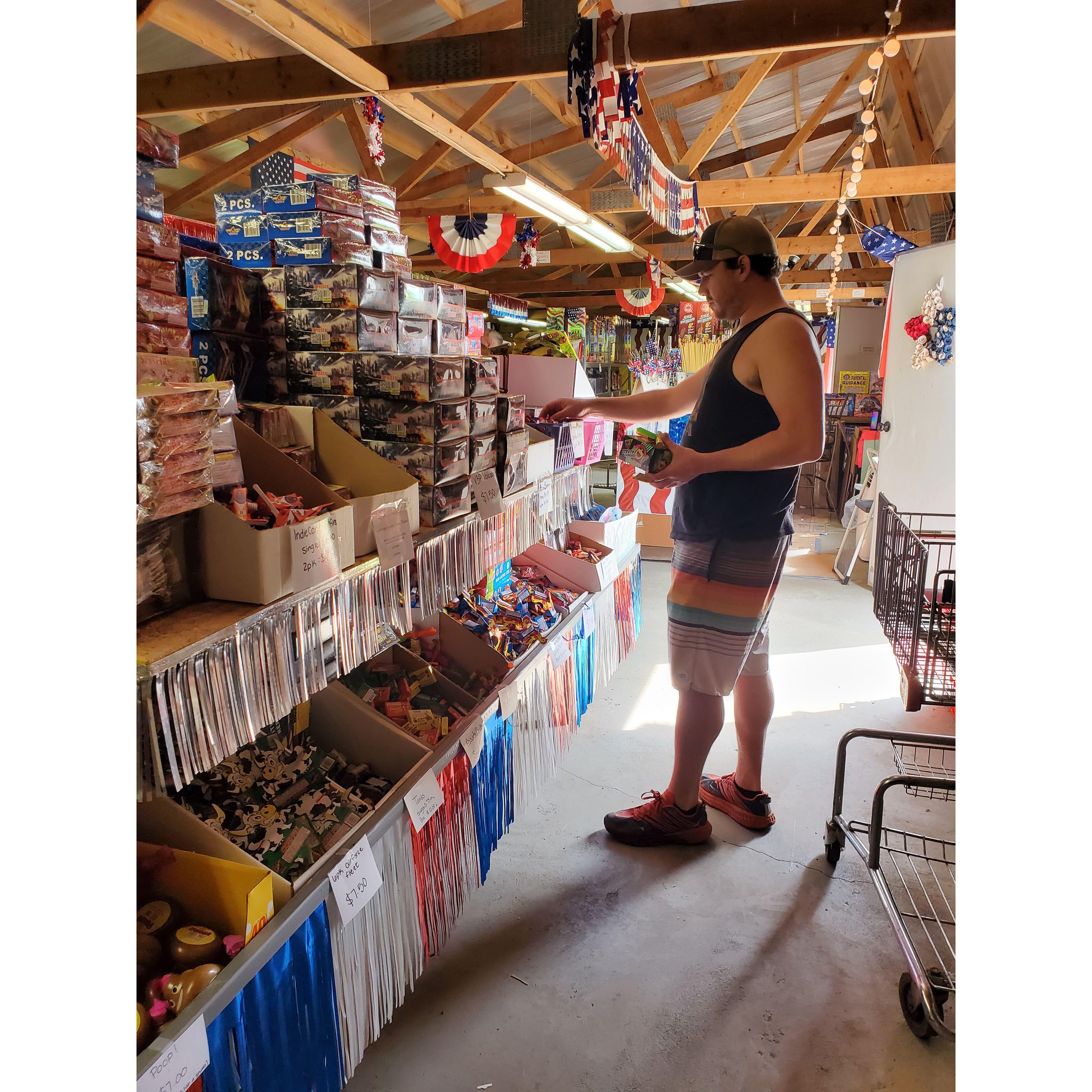 July 2023: Shopping at the fireworks store where we found our cake and hotdog tattoos