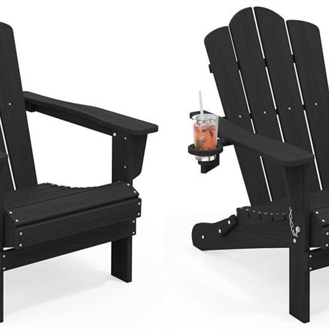 KINGYES Folding Adirondack Chair Set of 2, HDPE All-Weather Patio Chairs with Cup Holder, Wooden Textured Fire Pit Chairs for Poolside, Backyard, Deck, Black