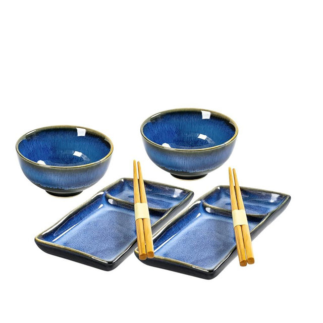 Ceramic Japanese Sushi Plates and Bowls Set for 2 | Includes 7 Inch Rectangle Sushi Serving Dish, 10 Oz Soup, Rice, Side Dishes Bowl and Chopsticks(Reactive Blue)