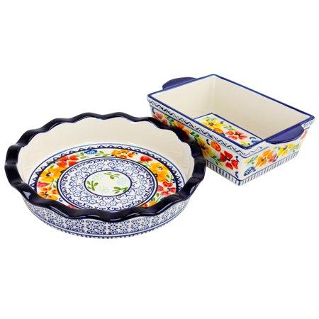 Gibson Elite Luxembourg Hand Painted Stoneware 10.5" Pie Dish & 10" Bakeware Set