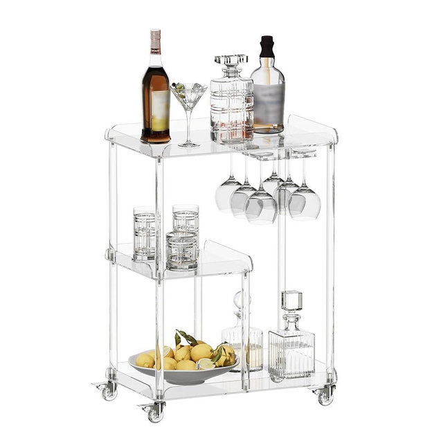 HMYHUM Acrylic Bar Cart with 4 Lockable Wheels, 3 Tier Clear Serving Cart with Glass Holder, Rolling Beverage Cart for Home, Kitchen, Dinning Room, 23.6''D x 15''W x 32.3''H