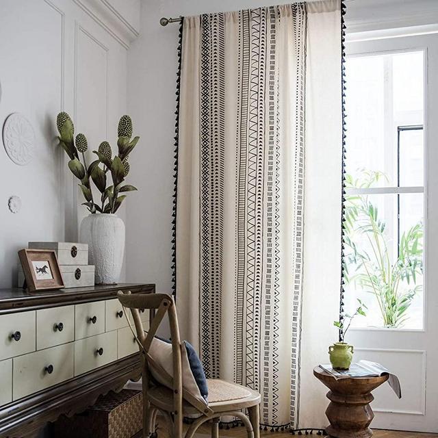vctops Boho Cotton Linen Window Curtain Panel with Tassels Geometric Print Country Style Room Darkening Curtain Panel for Bedroom Living Room, 1 Piece (59"x63",Black)
