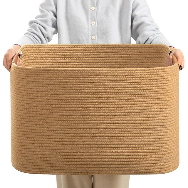 danpinera Large Blanket Basket for Living Room, 72 L Woven Cotton Rope Baskets for Kids Toy, Pillows, Towels, Cotton Organizing with leather handle, Storage Bin for Nursery, 22’’*17’’*11.8’’ Jute