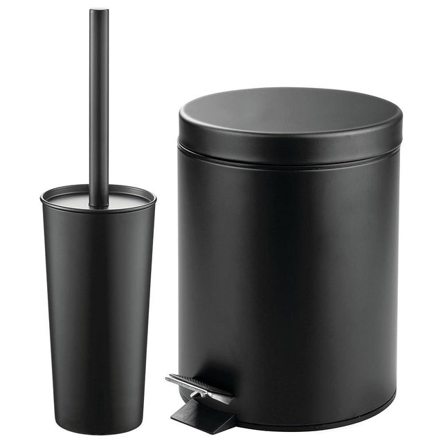 mDesign Metal Steel/Plastic Toilet Bowl Brush/Holder and Round 1.3 Gallon/5L Step Trash Can Combo Set for Bathroom; Holds Trash, Recycling, Deep Cleaning, Mirri Collection, Black