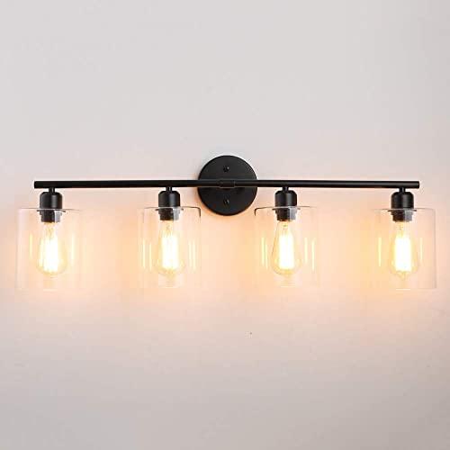 4-Light-Industrial-Bathroom-Vanity-Light Hardwire Industrial Glass Wall Sconce, Vintage Edison Black Bathroom Lighting Fixture（Exclude Bulb)…