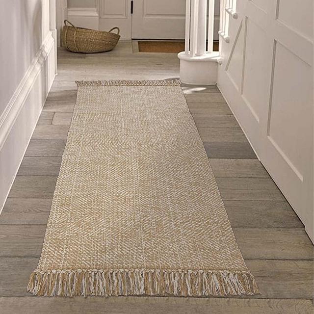 Collive Hallway Runner Rug, 2' x 5' Soft Washable Kitchen Runner Rug, Tan Contemporary Modern Laundry Room Rugs Indoor Hand-Woven Cotton Carpet for Bedroom Entryway Front Door Farmhouse