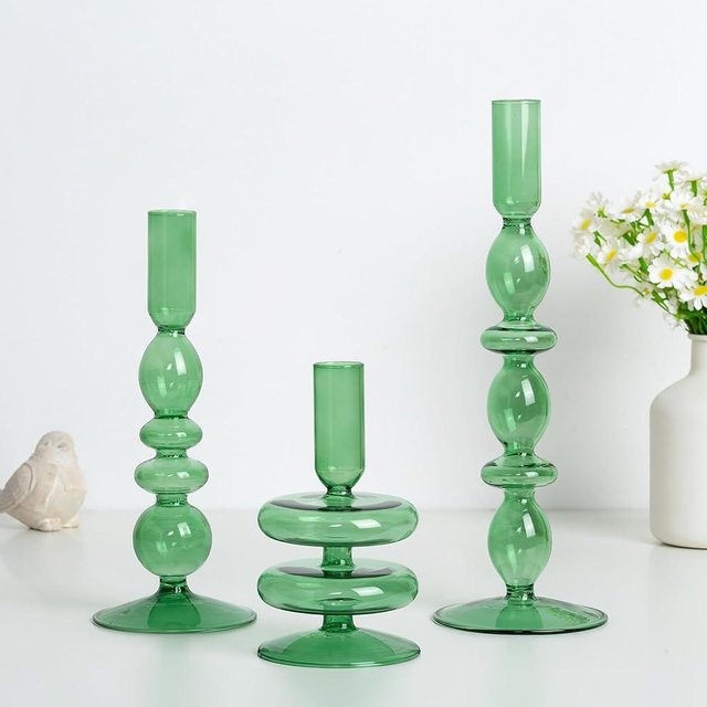 Hewory Glass Candlestick Holders: Light Green Taper Candle Holders Set of 3 Vintage Candle Stick Candle Holder, Colorful Glass Candle Holder for Table Centerpiece Wedding Dinner Party Home Decor