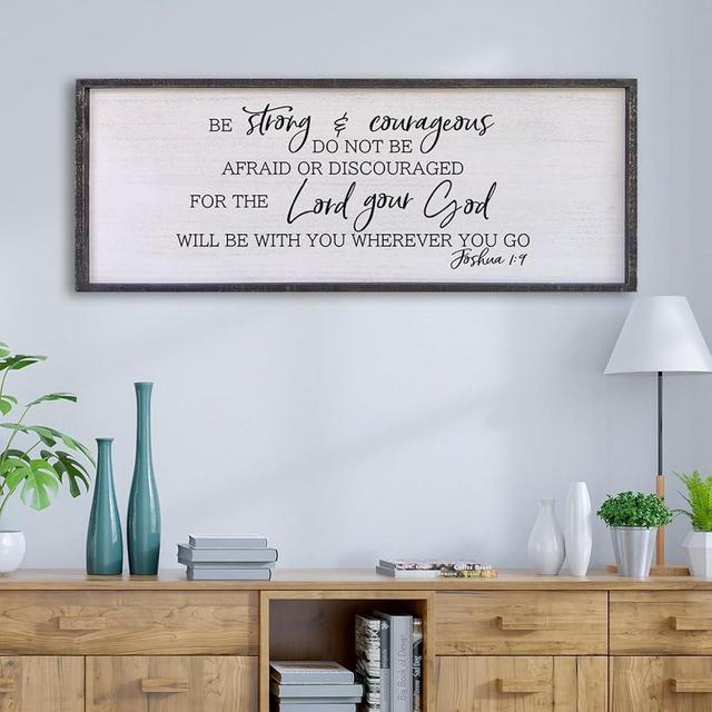 Be Strong And Courageous Sign Wall Decor 32"x12" Large Farmhouse Living Room Plaque Joshua 1:9 Bible Verse Lnspirational Quote Faith Wood Home Hanging Rustic Christian Art Wall (Black)