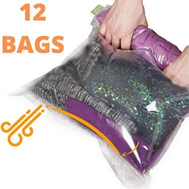 12 Travel Storage Bags for Clothes - Compression Bags for Travel - No Vacuum or Pump Sacks-Save Space in your Luggage Accessories