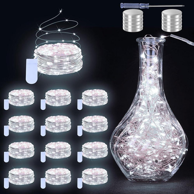 JUSTPRO 12 Pack Fairy Lights Battery Operated String Lights - 7ft 20 LED Waterproof Silver Wire Firefly Lights for DIY Wedding Décor Table Centerpieces Craft Mason Jars Party Decor(White)