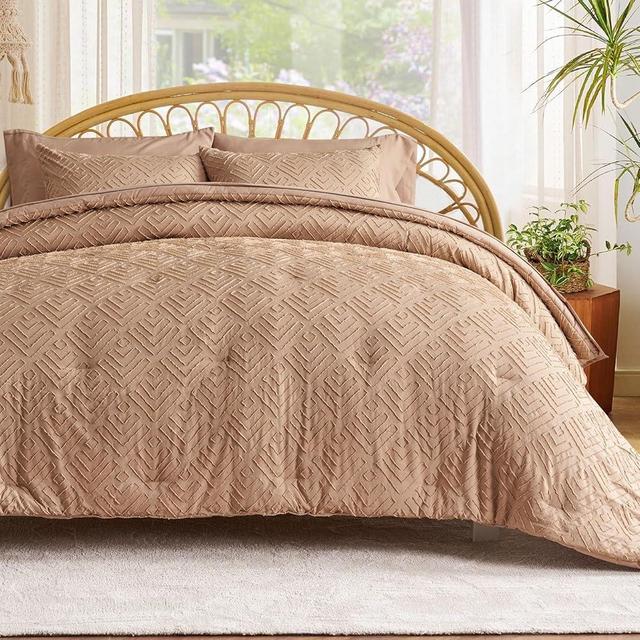 EVERGRACE Boho Comforter Set Queen Size 7 Piece, Shabby Chic Tufted Comforter Set with Sheets, Diamond Embroidery Bedding Set, All Season Soft Microfiber Complete Bed Set, Clay, 90"x90"