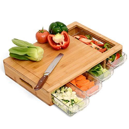 NOONCHIHOME 100 Percent Bamboo Cutting Board with 4 Sliding Drawer Trays. Complete Set for Kitchen, Large 17.22 x 12.15 x 3.05 inches with Handles. Lightweight, Easy to Clean