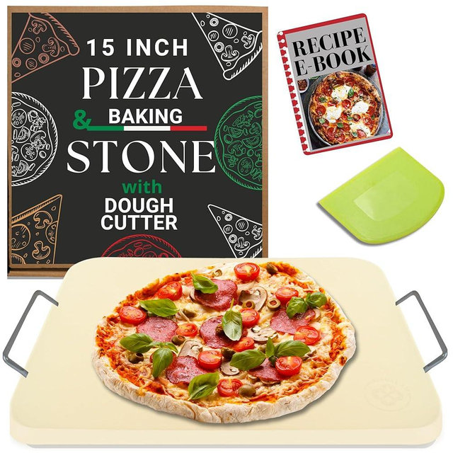 Pizza Stone for Oven and Grill - Rectangle Pizza Stones with Handles and Dough Cutter - 15 inch x 12 inch Grilling Stones - Baking Stone for Bread