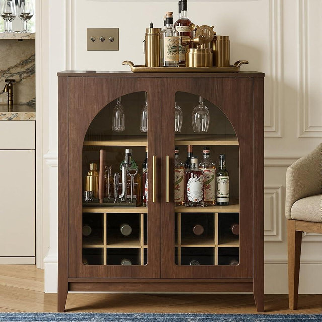 FORTUNETEC Wine Bar Cabinet with Glass Doors, 31.5" Liquor Cabinet with Wine and Glass Rack, Mid Century Modern Sideboard Buffet Cabinet with Storage for Living Room Kitchen Dining Room, Walnut