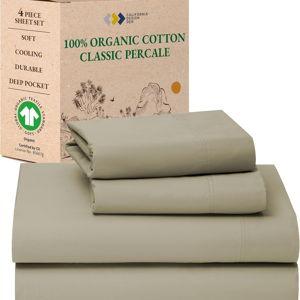 California Design Den 100% Organic Cotton Sheets Queen Size Bed Set with Deep Pockets - Soft and Crisp Percale, GOTS Certified, Cooling Organic Queen Sheet Set - Warm Taupe