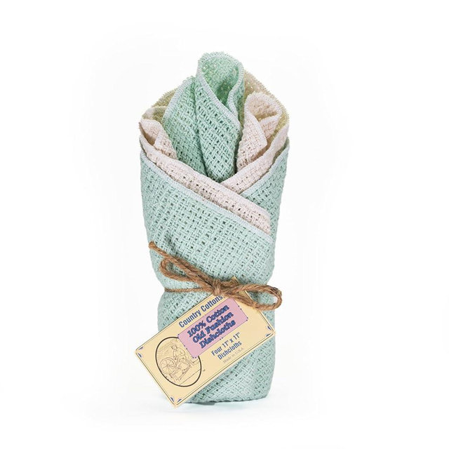 Country Cottons Old Fashion 100% Cotton Dishcloths - Set of 4 Mixed Colors - 2 Mint/2 Natural -11" x 11"