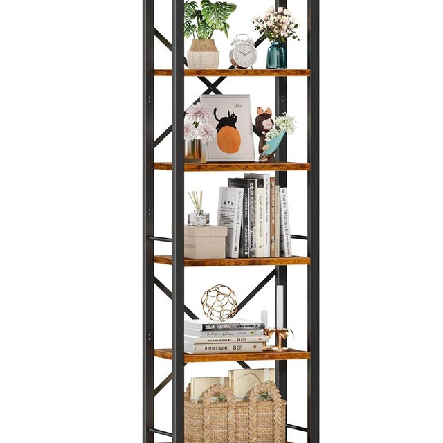 Furologee 6 Tier Tall Bookshelf, Industrial Narrow Bookcase, Display Standing Shelf Units, Metal and Wood Storage Rack Organizer for Living Room, Home Office, Entryway, Kitchen, Rustic Brown