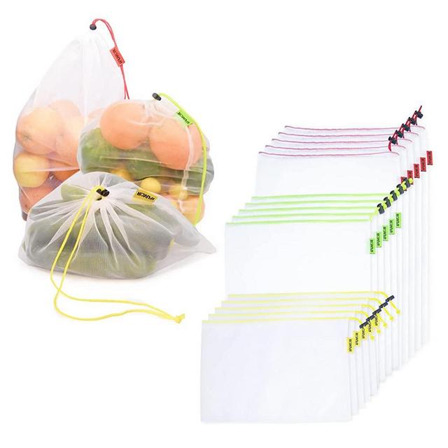Reusable Produce Bags- Washable, Breathable & See-Through - Set of 15 - Mesh Bags Drawstring in 3 Different Sizes with Colorful Tare Weight Tags