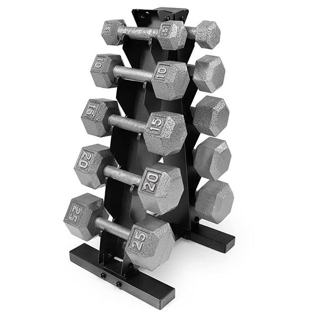 WF Athletic Supply 5-25 Lb Cast Iron Dumbbells Set with A Frame Storage Rack, Solid Gray Hexagon Free Weights for Weight Lifting & Strength Training, Storage Rack Color Options Available