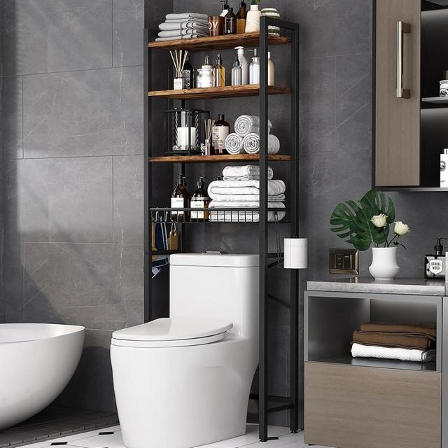 Kalrin Over-The-Toilet Storage Rack, 4-Tier Bathroom Organizer Shelf Over Toilet with Adjustable Shelf and Basket, Freestanding Space Saver Bathroom Shelves above Toilet for Room (Vintage Brown)