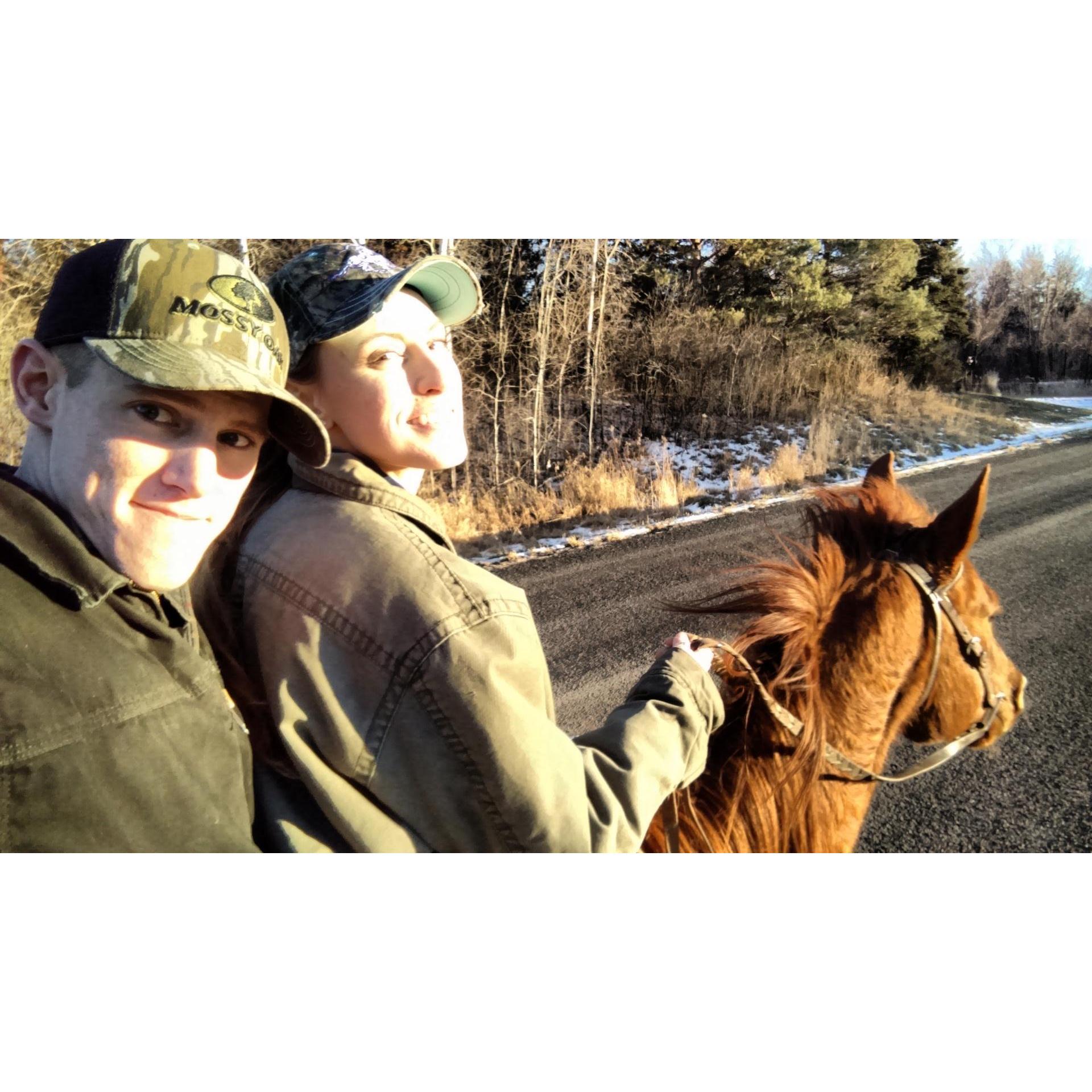 Our first time riding together. AKA the most scared Eric has ever been: Malia holding the reins! (Dec 16, 2018)