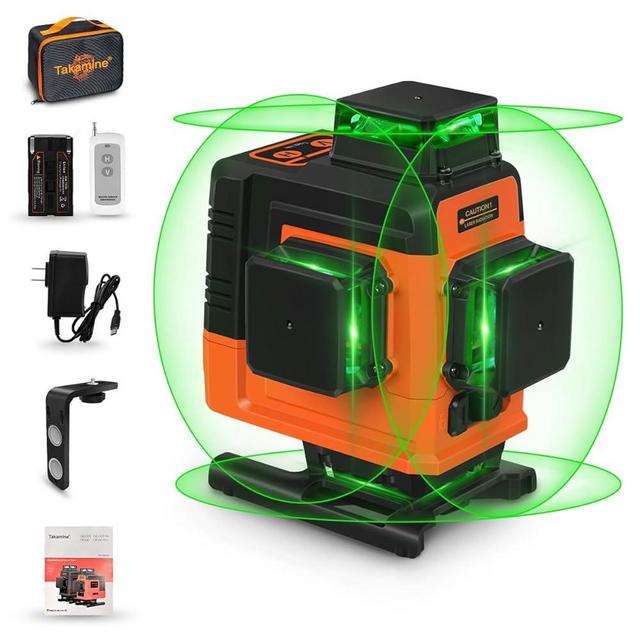 Takamine 16 Lines Laser Level Self Leveling 4x360° 4D Green Cross Line for Construction/Picture Hanging, Remote Controller, Rechargeable Li-ion battery, Magnetic Stand and portable bag