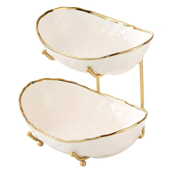 MEIGLQEA White Fruit Bowl with Gold Metal Stand, 2 Tier Modern Ceramic Fruit Bowl Fruit Rack for Kitchen Counter, Tiered Fruit Basket for Snacks Bread Candy Storage (White A,2 Tier)