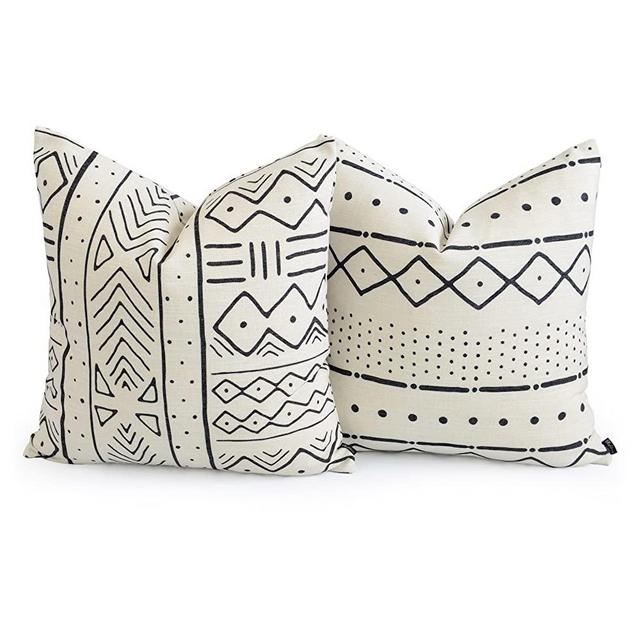 Hofdeco Premium Decorative Throw Pillow Cover Heavy Weight Cotton Linen African Mud Cloth Inspired Print Ethnic Natural Dots and Line 20x20 Inches 50x50cm Set of 2