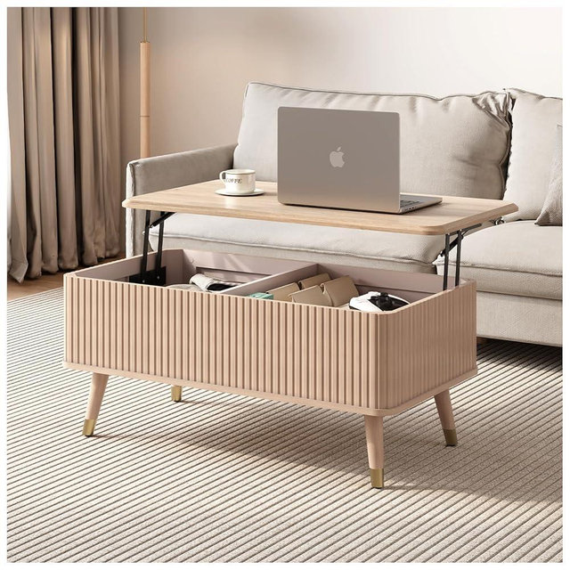 JOINICE, Fluted Lift Top Coffee Table with Storage Shelf & Hidden Compartment, Mid Century Modern Rectangle Dining Table for Living Room, Home Office, Natural Oak