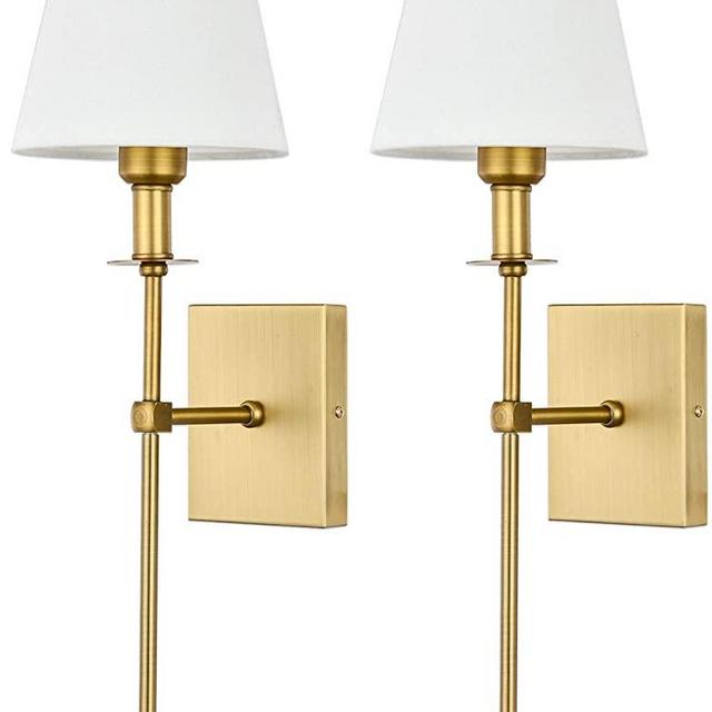 Pauwer Slim Wall Sconces Set of 2 White Fabric Shade Wall Sconce Hardwired Indoor Wall Light Column Stand Bedroom Wall Lamp Bathroom Vanity Light Fixture, Antique Brass