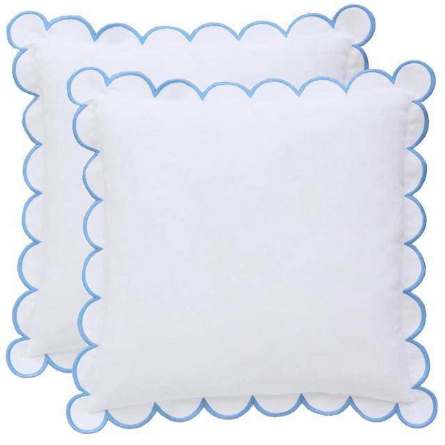 BEBE BASK Scalloped Pillow Cover - Set of 2-18 x 18 Inch - Scallop Pillow Cover – White and Blue Scalloped Pillows - Scallop Pillows - 100% Cotton - Grandmillennial Style (White/Blue)