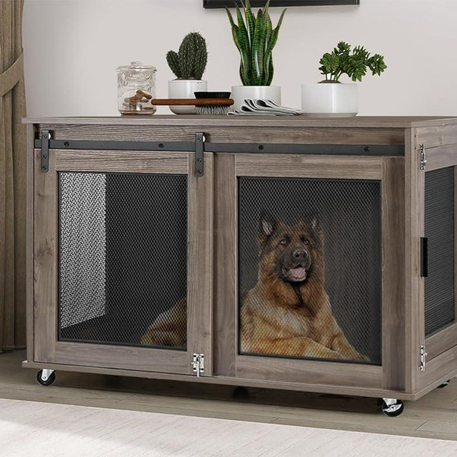 LINLUX 47 Inch XL Dog Crate Furniture, Wooden Heavy Duty Dog Kennel Indoor, Decorative Dog Cage Table for Extra Large Dogs, with Sliding Doors, Wheels and Flip-top Plate