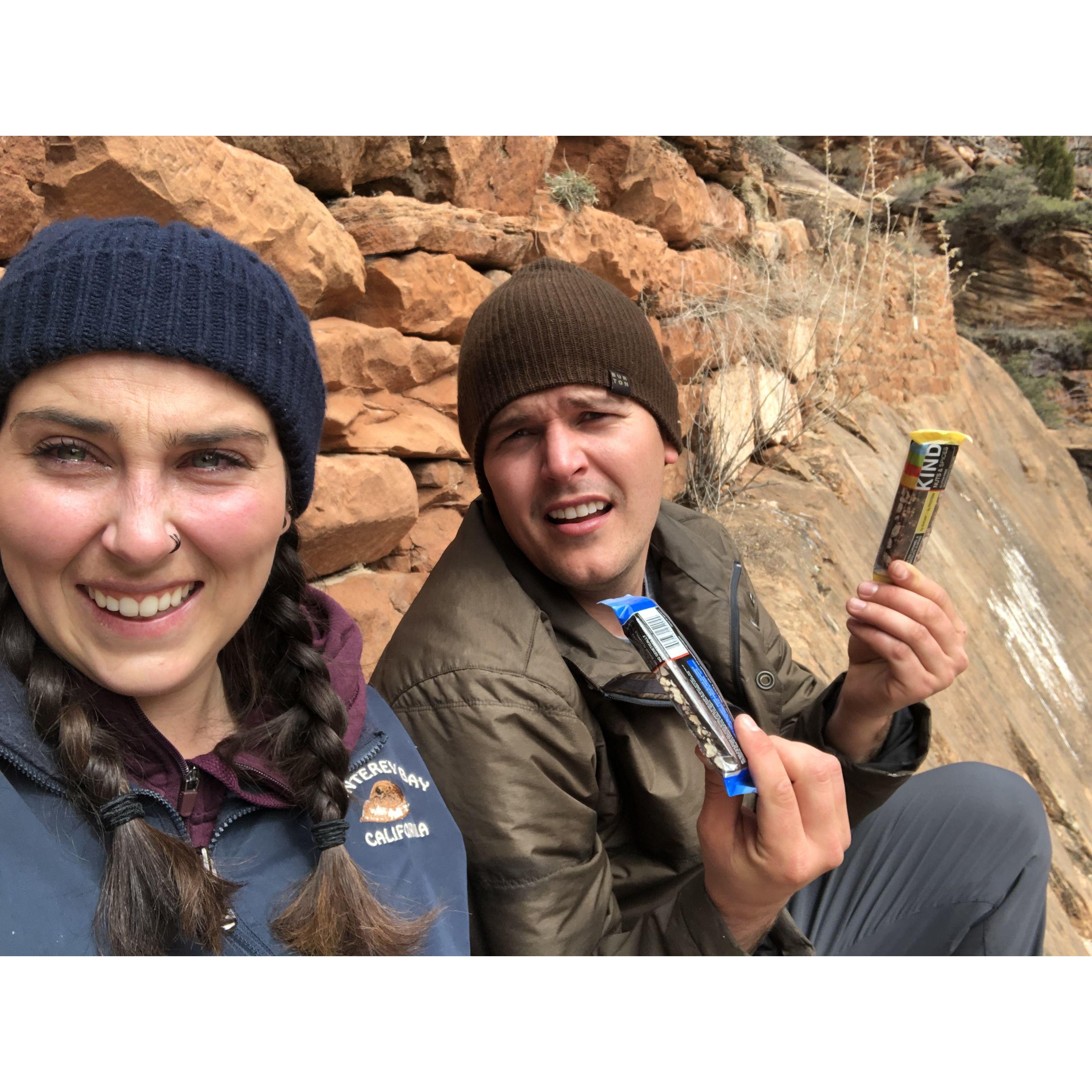 Hannah was in the middle of a height-induced panic attack...so Matt offered her food. it helped. - Angels Landing, Zion National Park