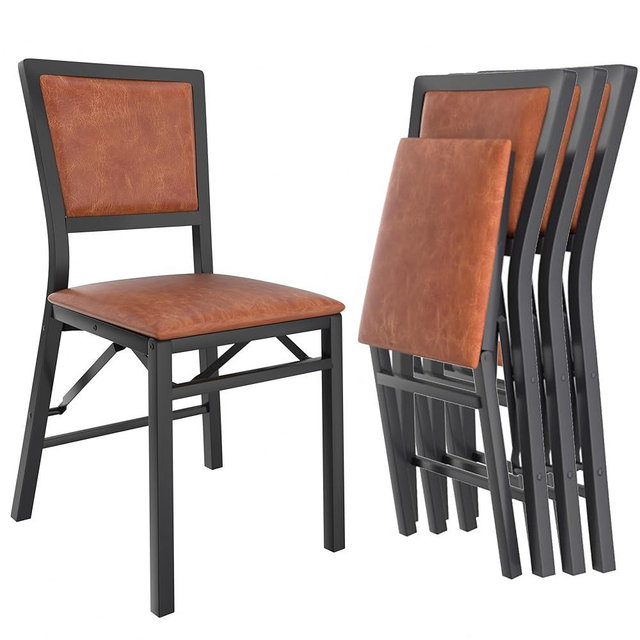 VECELO Folding Chairs Set of 4 with Cushion, Foldable Padded Seats with Heavy Duty Metal Frame for Kitchen/Dining/Living Room, No Assembly & Space Saving Design, Chestnut Brown