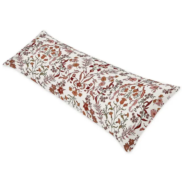 Sweet Jojo Designs Women Girl Body Pillow Cover 54in.x20in. Boho Floral Wildflower Ivory Orange Burgundy