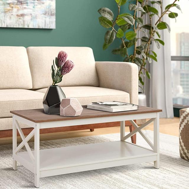 PHI VILLA Farmhouse Coffee Table Modern Rustic Coffee Table with Storage Shelf 2 Tiers for Living Room Office Accent Furniture