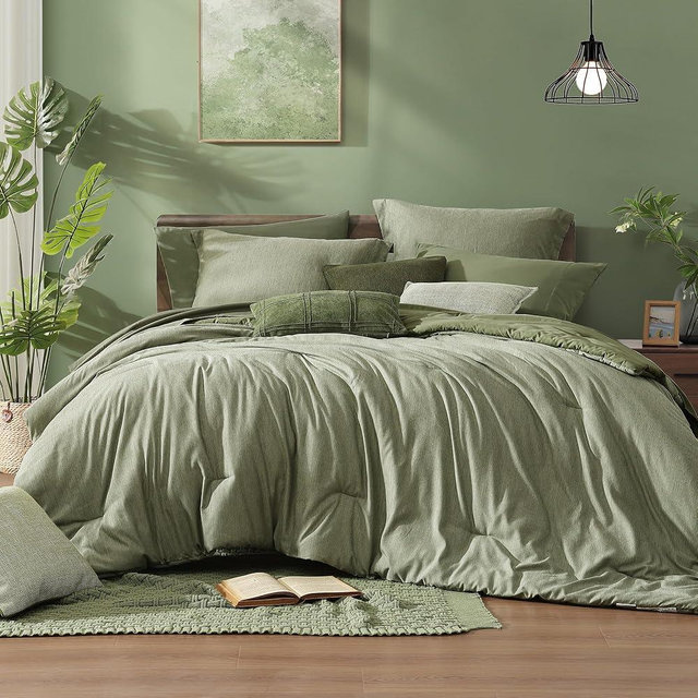 Monbix Oversized Queen Comforter Set - 7 Pieces Cationic Dyeing Sage Green Bed in a Bag Bedding Sets with Comforter, Sheets, Pillowcases & Shams, Reversible Bedding Comforters Sets