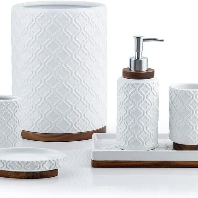 RQYIXI Bathroom Accessories Set 6 Pcs Ceramic Wooden Bathroom Set with Soap Dispenser Toothbrush Holder Tray Tumbler Soap Dish Trash Can（White）
