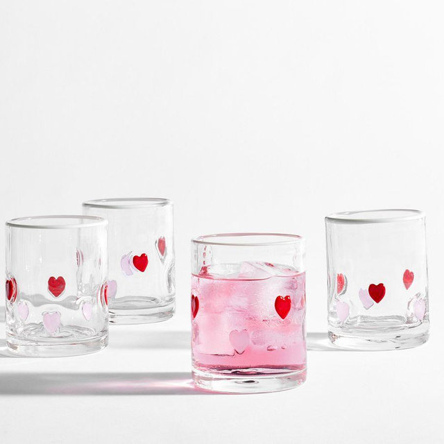 Heart Embedded Double Old Fashioned Glasses, Set of 4 - Clear