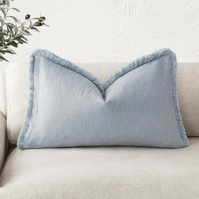 Foindtower Decorative Linen Fringe Lumbar Throw Pillow Covers Cozy Boho Farmhouse Cushion Cover with Tassel Soft Accent Pillowcase for Sofa Bed Living Room Home Decor, 12×20 Inch,1PC,Sky Blue
