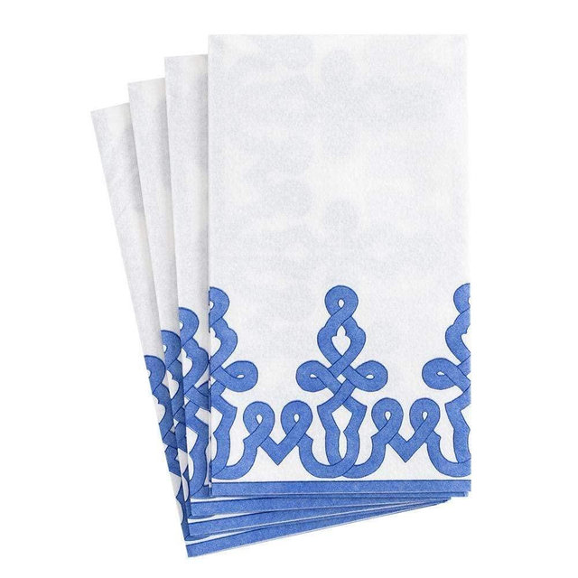 Caspari Dessin Passementerie Disposable Paper Linen Bathroom Guest Towel Napkins in Riviera Blue - 12 Count