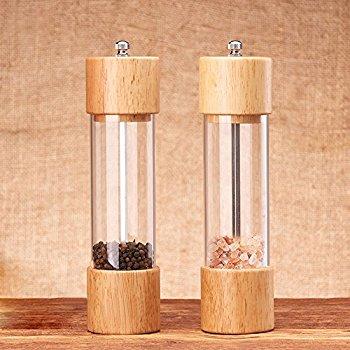 LUCKSTAR Salt and Pepper Grinder Wooden Set of 2 - [Rubber Wood + Acrylic] Transparent Manual Pepper Grinders - Spice Mill With Adjustable Coarseness