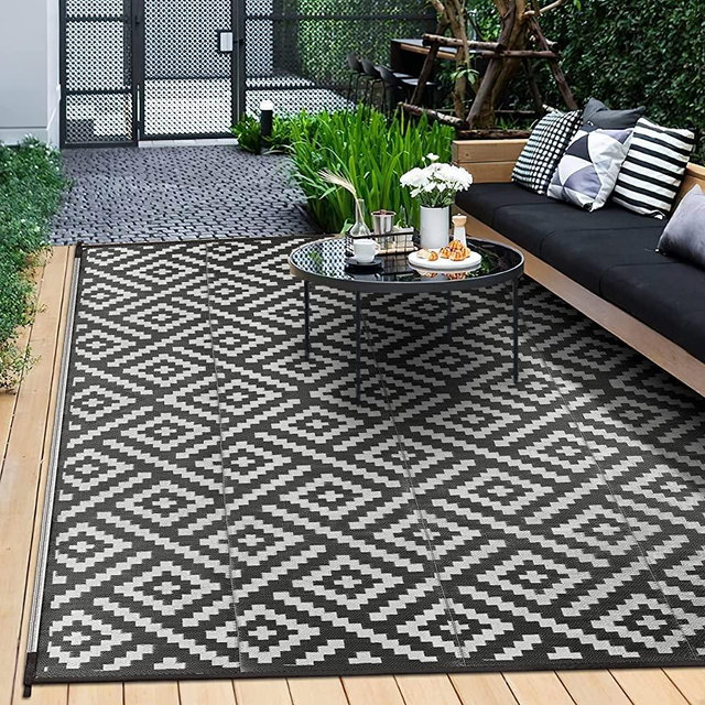 GENIMO Outdoor Rug for Patio Clearance,6'x9' Waterproof Mat,Reversible Plastic Camping Rugs,Rv,Porch,Deck,Camper,Balcony,Backyard,Black & Gray